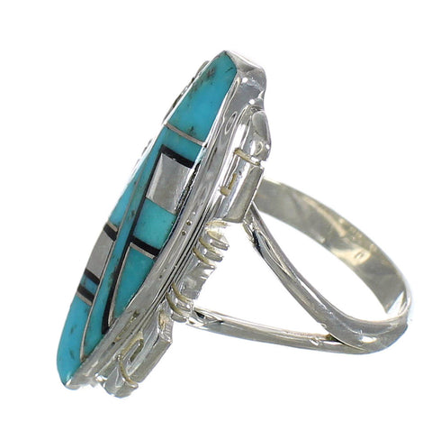 Southwest Turquoise And Jet Sterling Silver Jewelry Ring Size 6-1/2 AX82420